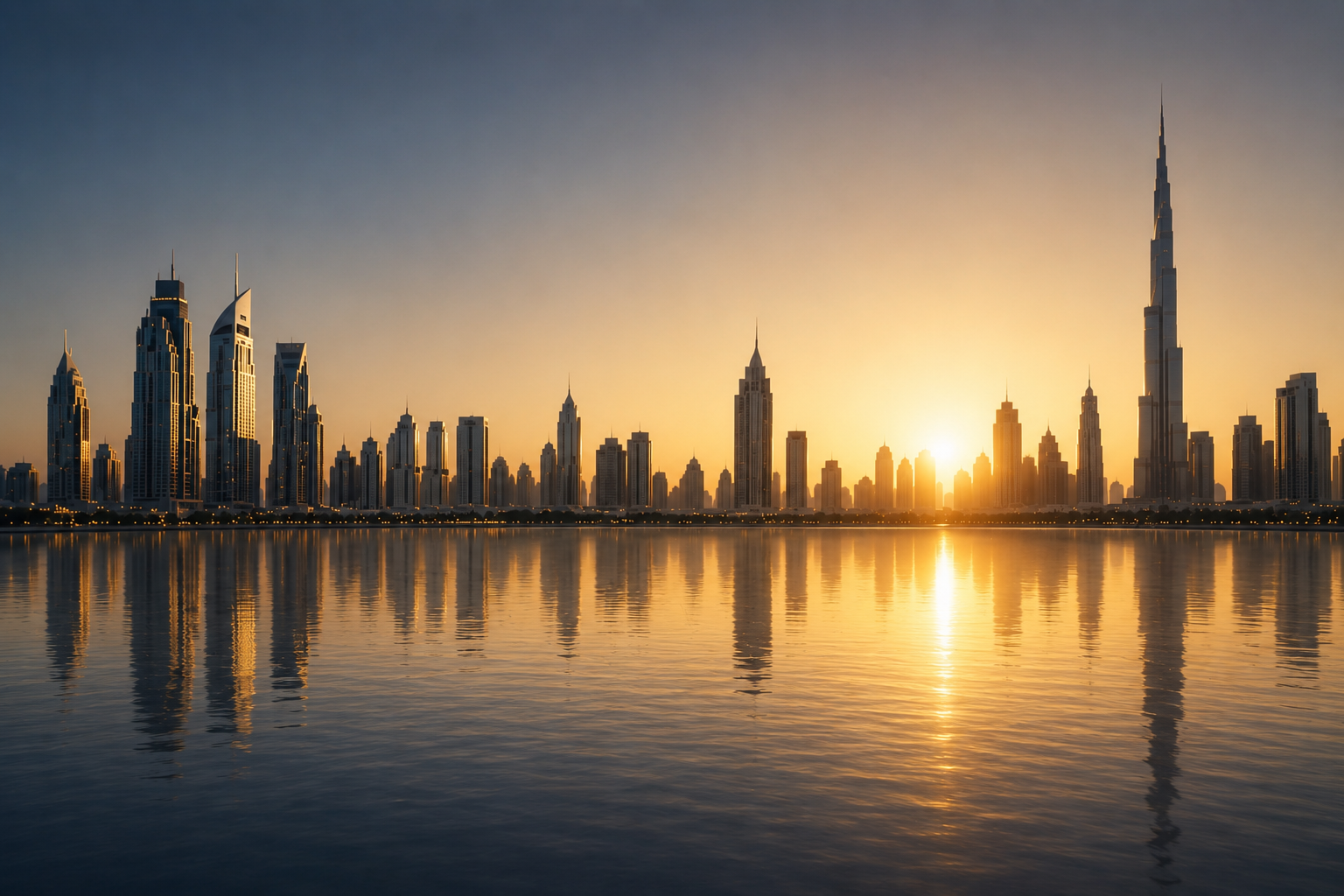 Dubai skyline at golden hour reflecting on water